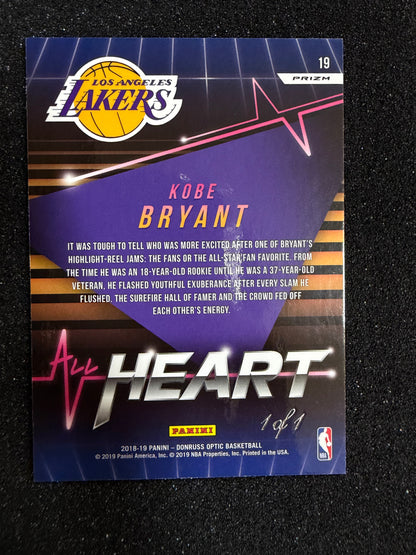 1/1 Kobe Bryant 2018-19 Panini Donruss Optic All Heart Gold Vinyl Prizm #19 Lakers